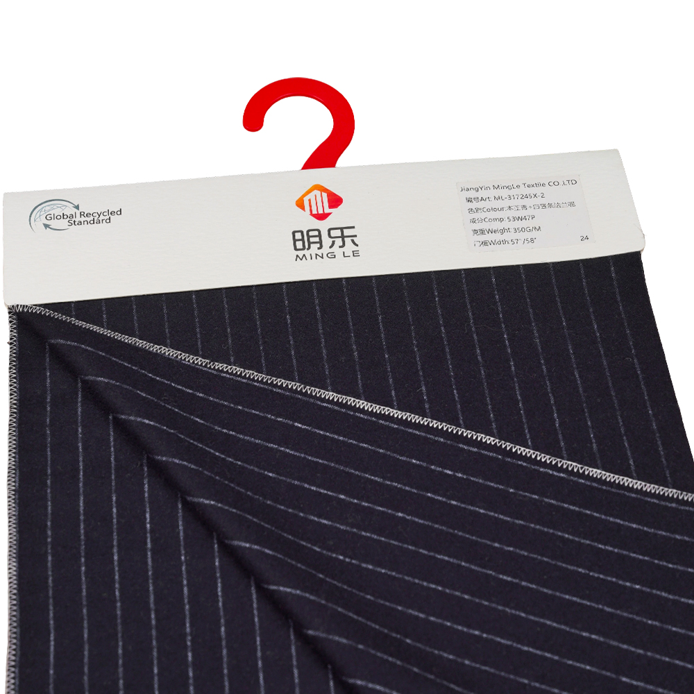 53% gyapjú, 47% poliészter, 350 G/M, Zhiqing + fehér, függőleges csíkos flanel szövet, ML-317245X-2